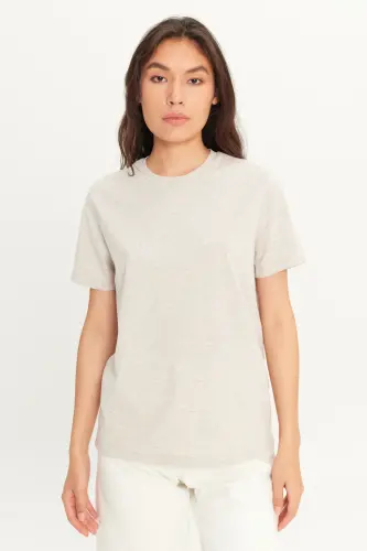 Men's Beige Melange Cotton Slim Fit Narrow Cut Crew Neck Basic T-shirt-BEIGE MELANGE - 6