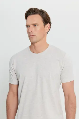 Men's Beige Melange Cotton Slim Fit Narrow Cut Crew Neck Basic T-shirt-BEIGE MELANGE - 7