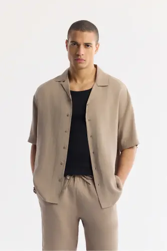 Men's Beige Oversize Fit Stand-up Collar Modal Blend K 