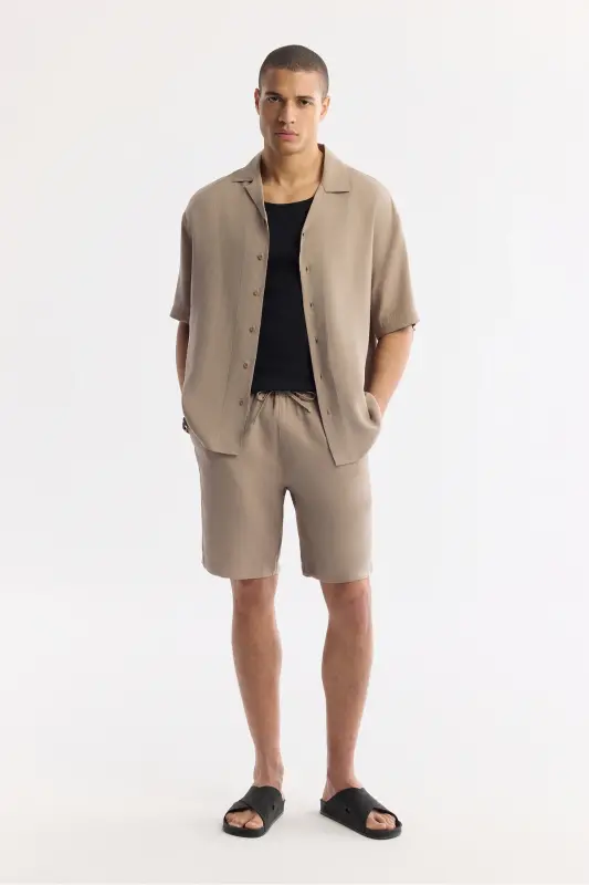 Men's Beige Oversize Fit Stand-up Collar Modal Blend K - 6