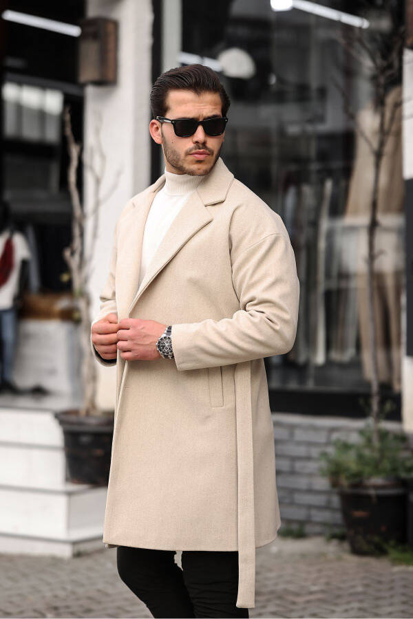 Men's Beige Oversized Casual Fit Wool Blend Coat with Belt - 5