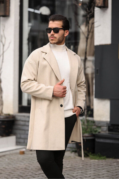 Men's Beige Oversized Casual Fit Wool Blend Coat with Belt - 6