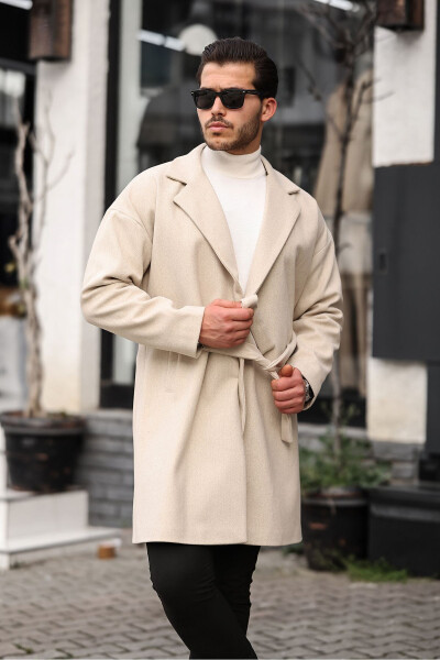 Men's Beige Oversized Casual Fit Wool Blend Coat with Belt - 7