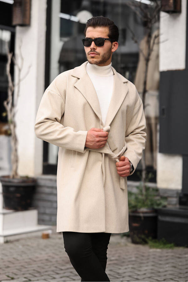 Men's Beige Oversized Casual Fit Wool Blend Coat with Belt - 7