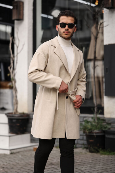 Men's Beige Oversized Casual Fit Wool Blend Coat with Belt - 8