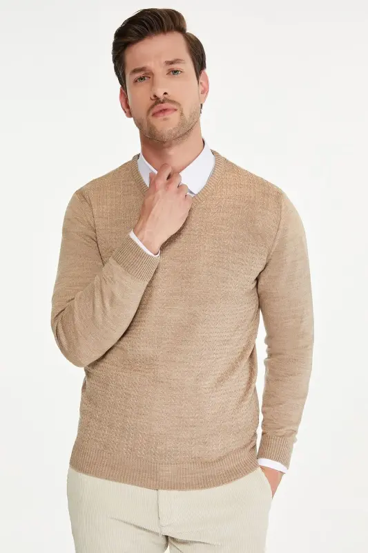 Men's Beige Patterned V-Neck Knit Sweater - HATEMOĞLU