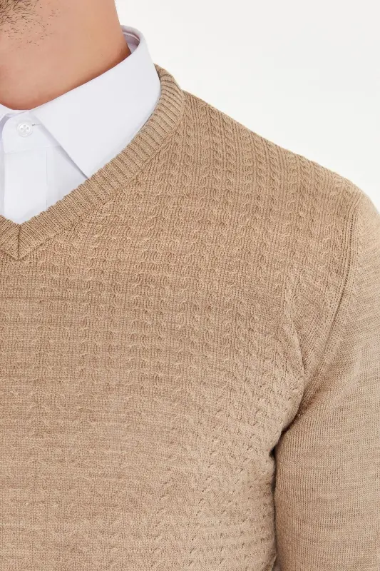 Men's Beige Patterned V-Neck Knit Sweater - 4