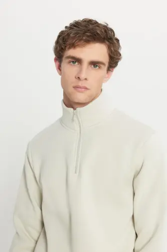 Men's Beige Polar Lined Standard Fit Regular Cut Stand-Up Bato Neck Cotton Sweatshirt-Beige - 10
