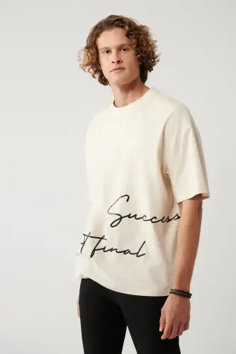 Men's Beige Polo Neck Printed Oversize T-shirt A41y1038 - 1