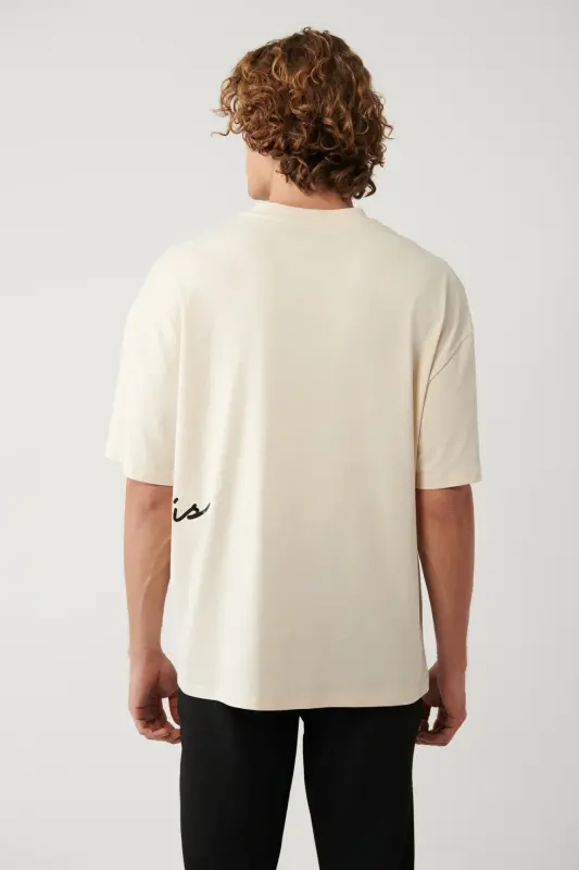 Men's Beige Polo Neck Printed Oversize T-shirt A41y1038 - 4