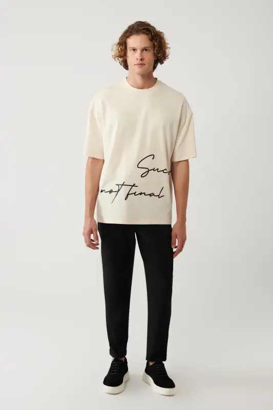 Men's Beige Polo Neck Printed Oversize T-shirt A41y1038 - 6