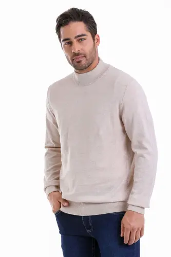 Men's Beige Regular Fit 100% Cotton Mock Neck Knit - 1