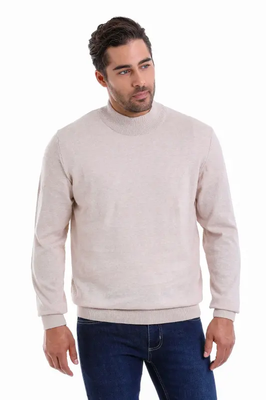 Men's Beige Regular Fit 100% Cotton Mock Neck Knit - 2