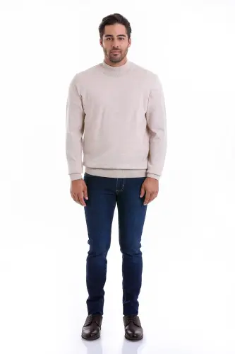 Men's Beige Regular Fit 100% Cotton Mock Neck Knit - 3