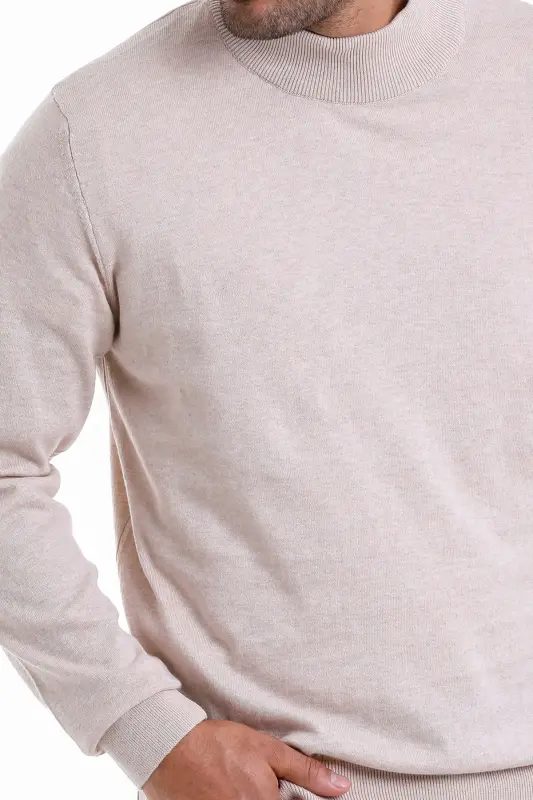 Men's Beige Regular Fit 100% Cotton Mock Neck Knit - 4