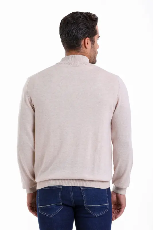 Men's Beige Regular Fit 100% Cotton Mock Neck Knit - 5