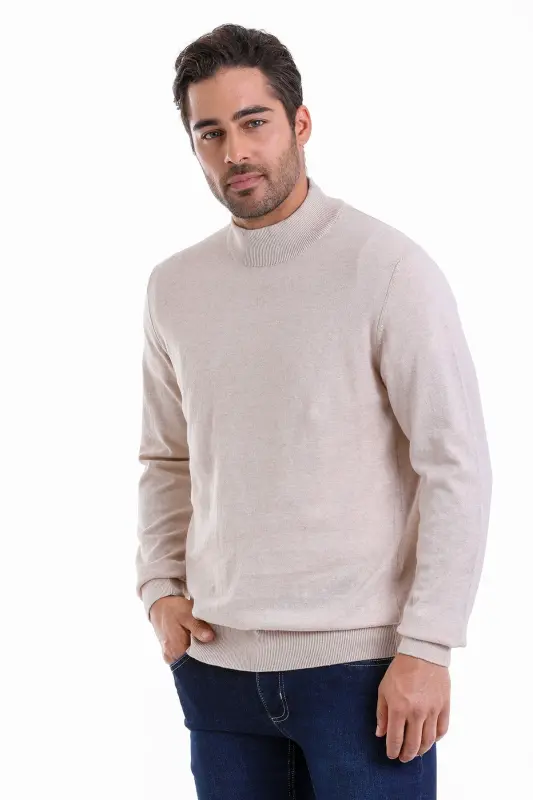 Men's Beige Regular Fit 100% Cotton Mock Neck Knit - HATEMOĞLU