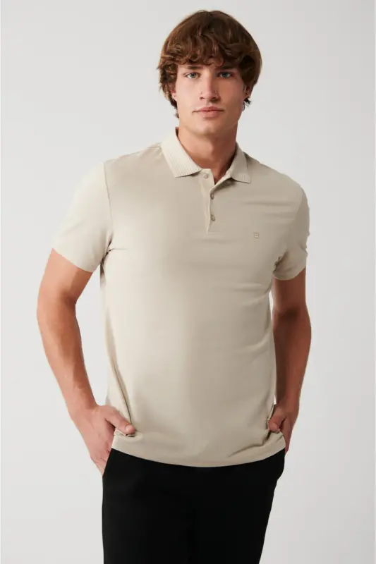 Men's Beige Regular Fit 3 Button 100% Egyptian Cotton Polo Neck T-shirt B001027-Bej - AVVA