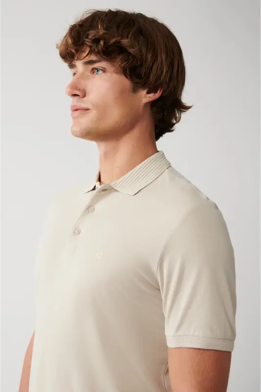 Men's Beige Regular Fit 3 Button 100% Egyptian Cotton Polo Neck T-shirt B001027-Bej - 2