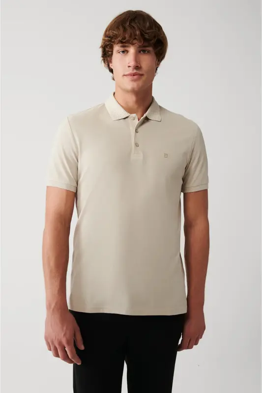 Men's Beige Regular Fit 3 Button 100% Egyptian Cotton Polo Neck T-shirt B001027-Bej - 3