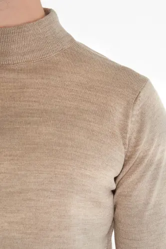Men's Beige Regular Fit Half Turtleneck Knit Sweater - 2