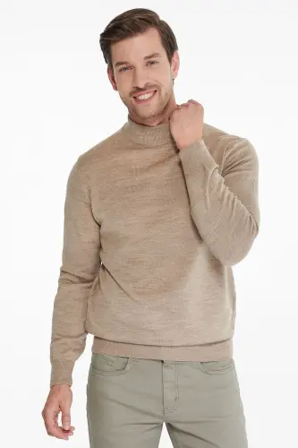 Men's Beige Regular Fit Half Turtleneck Knit Sweater - 3