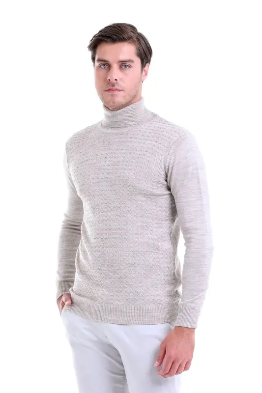 Men's Beige Regular Fit Patterned Fisherman's Collar Knitwear K - 1