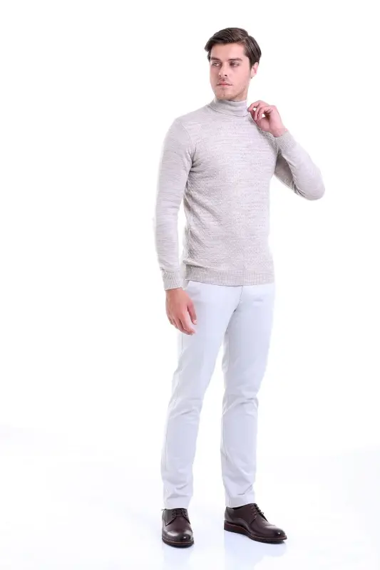 Men's Beige Regular Fit Patterned Fisherman's Collar Knitwear K - 2