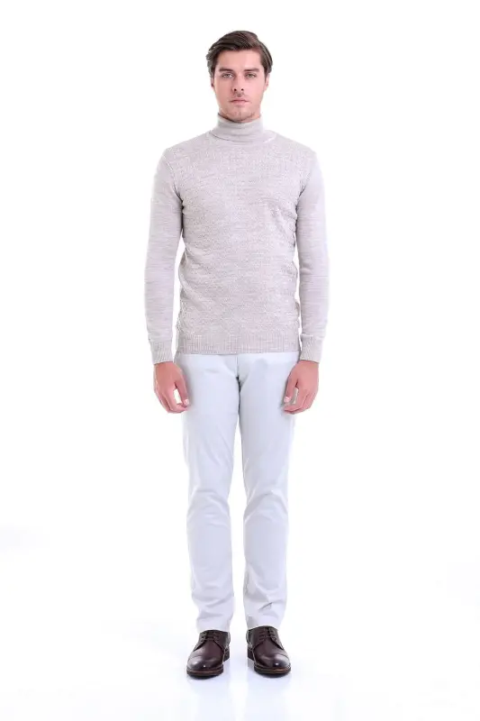 Men's Beige Regular Fit Patterned Fisherman's Collar Knitwear K - 3