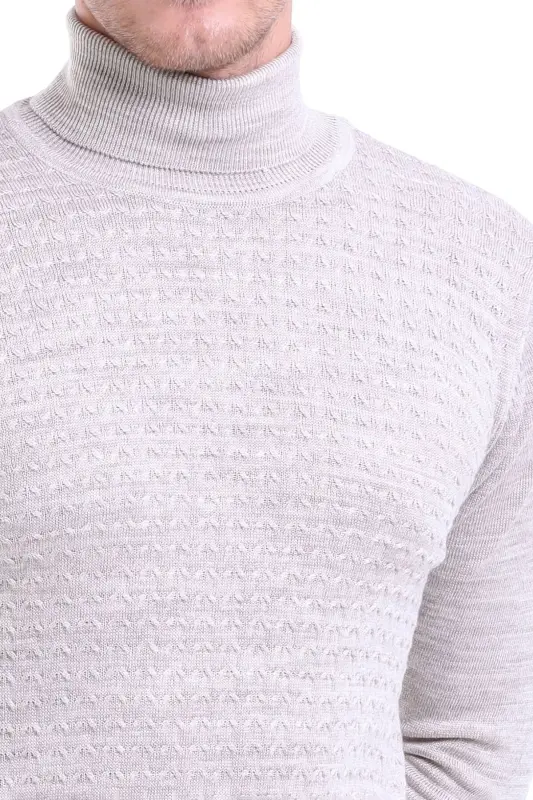 Men's Beige Regular Fit Patterned Fisherman's Collar Knitwear K - 4