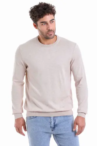 Men's Beige Regular Fit Plain 100% Cotton Crew Neck - 1