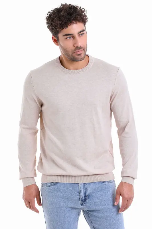 Men's Beige Regular Fit Plain 100% Cotton Crew Neck - 1
