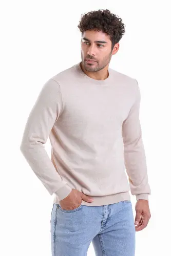 Men's Beige Regular Fit Plain 100% Cotton Crew Neck - HATEMOĞLU (1)