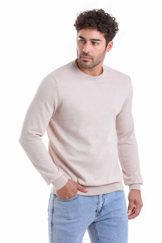 Men's Beige Regular Fit Plain 100% Cotton Crew Neck - 2