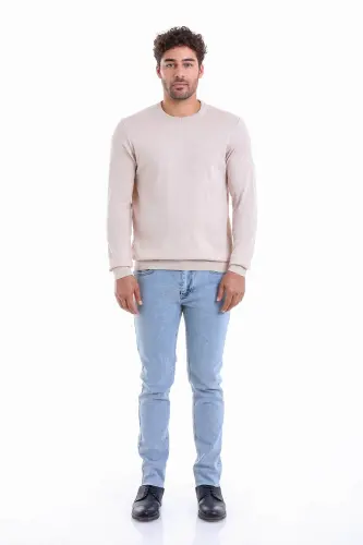 Men's Beige Regular Fit Plain 100% Cotton Crew Neck - 3