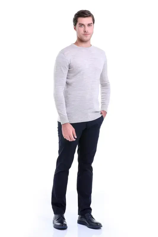 Men's Beige Regular Fit Plain Crew Neck Knit Sweater - 2