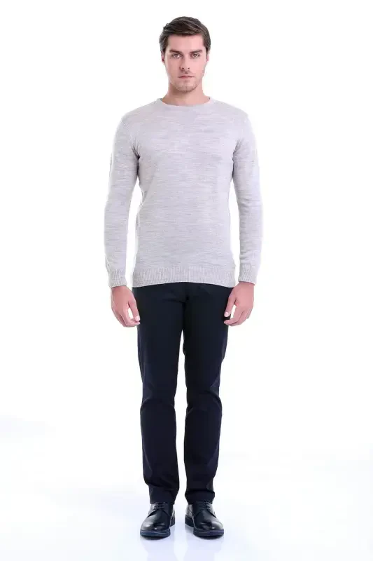 Men's Beige Regular Fit Plain Crew Neck Knit Sweater - 3