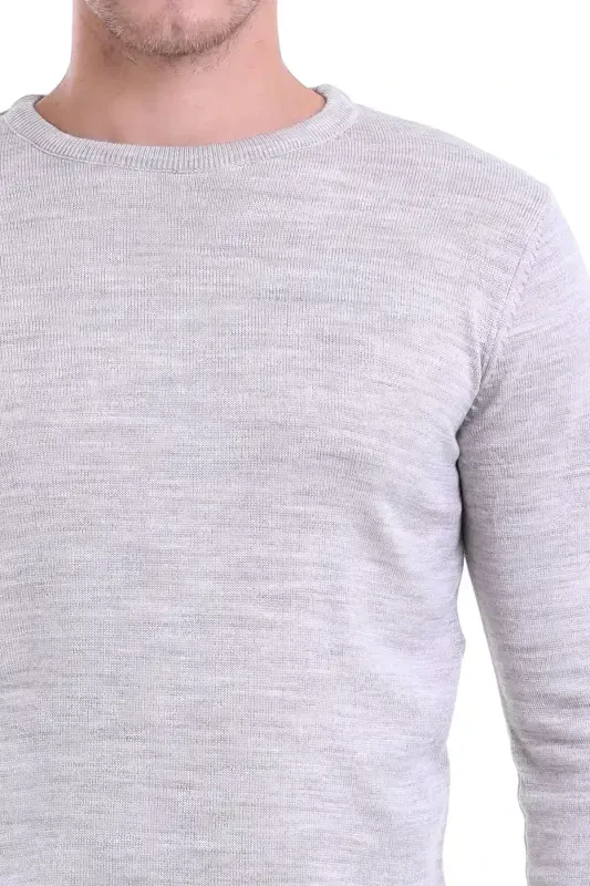 Men's Beige Regular Fit Plain Crew Neck Knit Sweater - 4