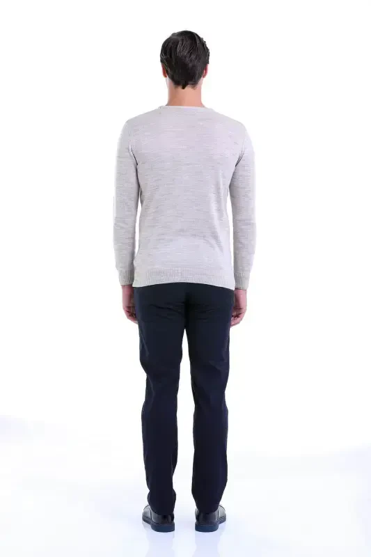 Men's Beige Regular Fit Plain Crew Neck Knit Sweater - 5