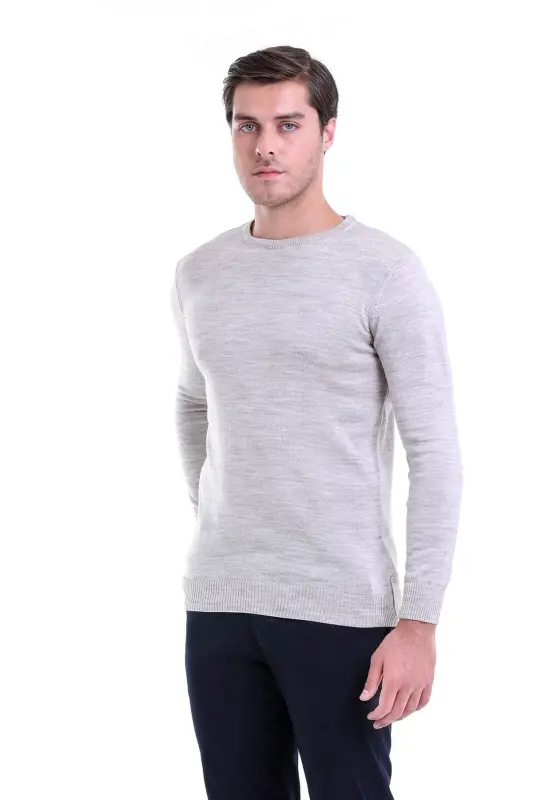 Men's Beige Regular Fit Plain Crew Neck Knit Sweater - HATEMOĞLU