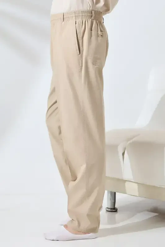 Men's Beige Relaxed Fit Drawstring Elastic Waist Linen Hajj and Umrah Trousers - 3