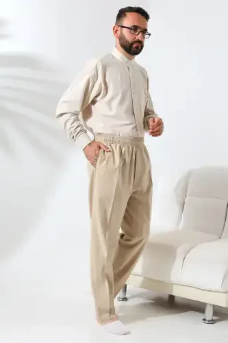 Men's Beige Relaxed Fit Drawstring Elastic Waist Linen Hajj and Umrah Trousers - 7
