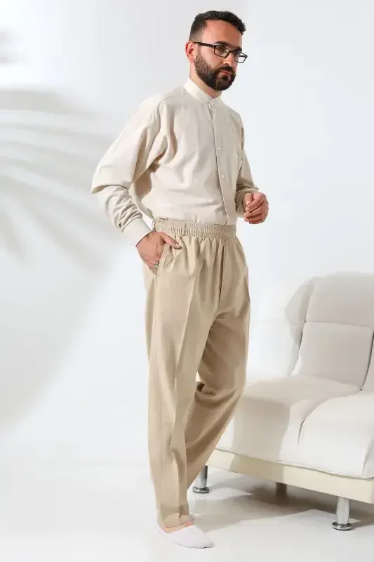 Men's Beige Relaxed Fit Drawstring Elastic Waist Linen Hajj and Umrah Trousers - 7