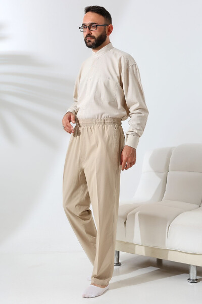 Men's Beige Relaxed Fit Drawstring Elastic Waist Linen Hajj and Umrah Trousers - 6