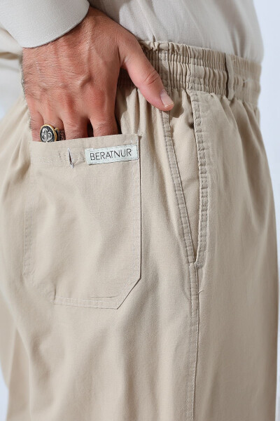 Men's Beige Relaxed Fit Drawstring Elastic Waist Linen Hajj and Umrah Trousers - 8