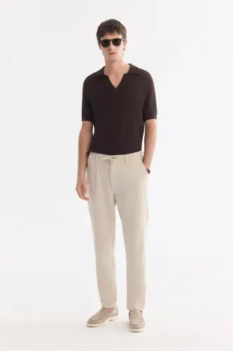 Men's Beige Relaxed Fit Drawstring Waist Linen Blend - 1