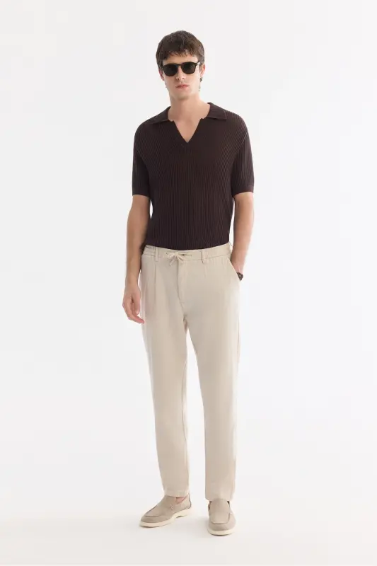Men's Beige Relaxed Fit Drawstring Waist Linen Blend - 1