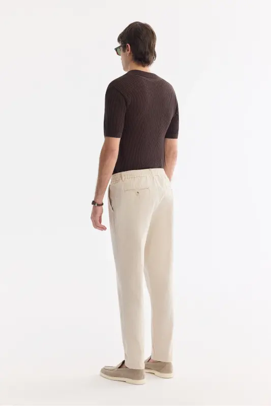 Men's Beige Relaxed Fit Drawstring Waist Linen Blend - 3