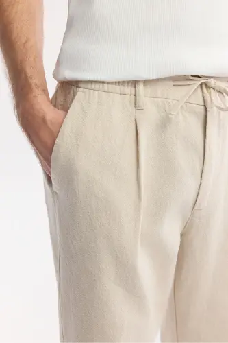Men's Beige Relaxed Fit Drawstring Waist Linen Blend - 4