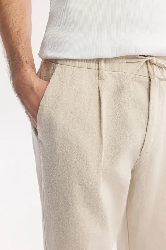Men's Beige Relaxed Fit Drawstring Waist Linen Blend - 4